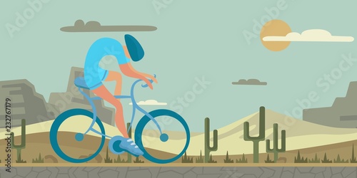 Man cycling on desert background. Abstract shaped figure on realistic landscape. Flat vector ilustration, horizontal.