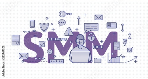 SMM, social media marketing. Concept with a charcter, letters and icons. Colored flat vector illustration on halftone background.