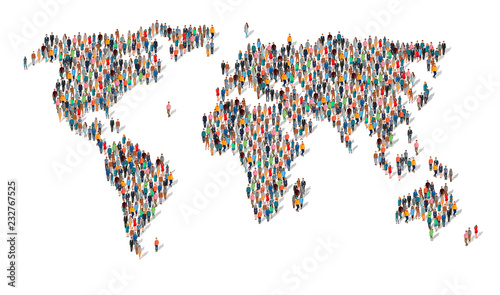 Group of people in form of world map. Group of people making a earth planet shape. A large group of people in the shape of a world map. Population. Globalization. People from different countries photo