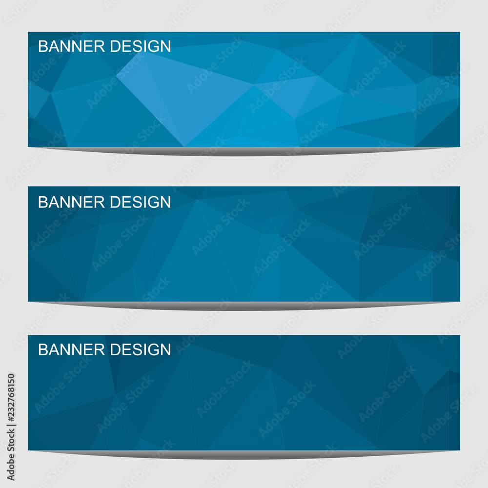 Fototapeta premium Set of three modern banners with polygonal background. Vector illustration composed of triangles of blue colors.
