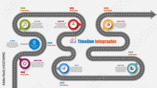 Road map business timeline infographic with 7 step pointer designed for abstract background elements diagram planning process web pages digital technology data presentation chart. Vector illustration