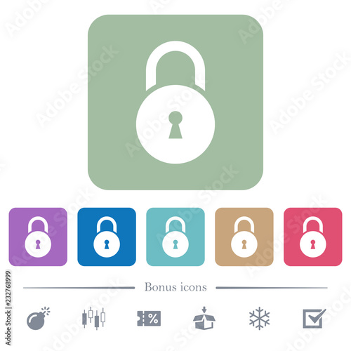 Locked round padlock with keyhole flat icons on color rounded square backgrounds