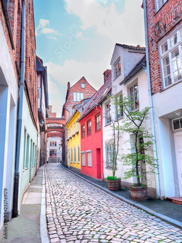 Old Lubeck street with paving stone. Small trees growing in pots © acnaleksy