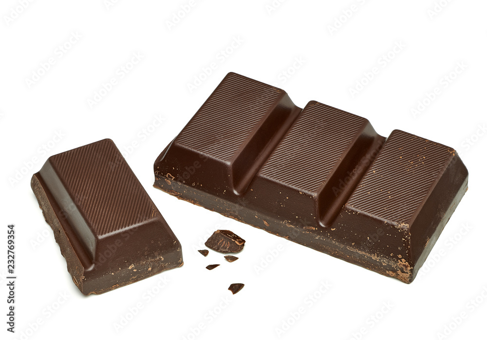 Broken or cracked dark chocolate bars, chips or pieces isolated on white background Broken or cracked dark chocolate bars, chips or pieces isolated on white background