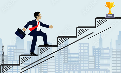 Businessmen walk up the stairs to the goal. on city background. Step up the ladder to success,  and progress in the job. Of the highest organization. Business Finance Concept. Vector illustrations