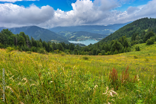 Scenic landscape wide-angle view from the height on Zaovine lake in Serbia at summer day