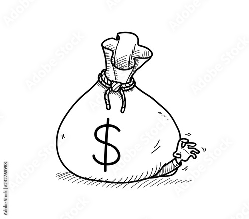 Man under a huge money bag with dollar symbol, a hand drawn vector doodle illustration of financial concept.
