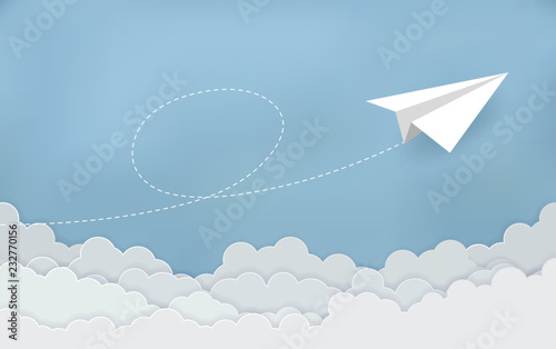 concept of business success, Paper plane white flying on sky between cloud. beautiful natural landscape. to the target. startup. creative idea. cartoon vector illustration