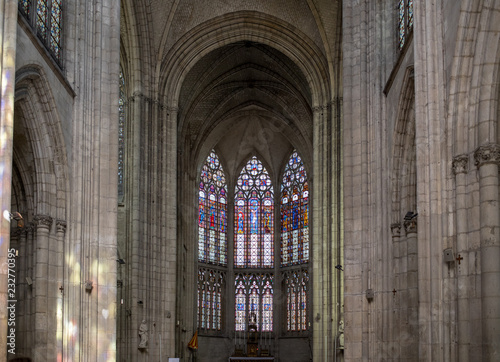  Colorful stained glass windows and altar in  Basilique Saint-Urbain  13th century gothic church in Troyes  France