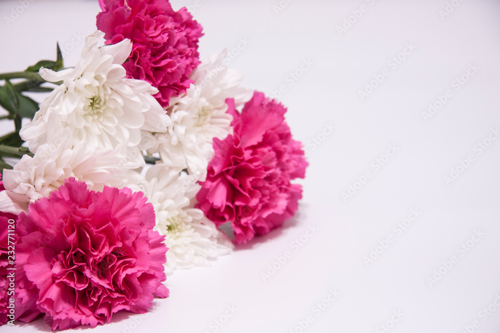 Romantic horizontal floral banner. Bouquet of white beautiful chrysanthemums and pink carnation flower on a white background, macro