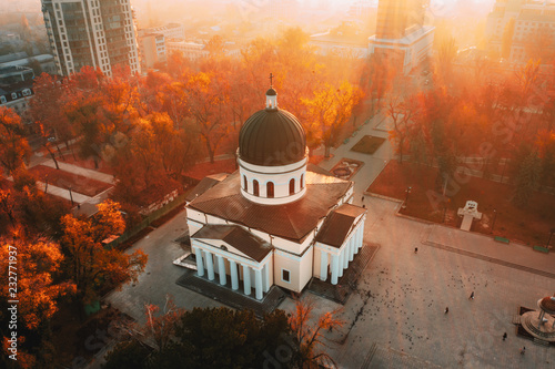 Chisinau Metropolitan Cathedral in Central Park,  Moldova Republic. Aerial view. Artistic tonning