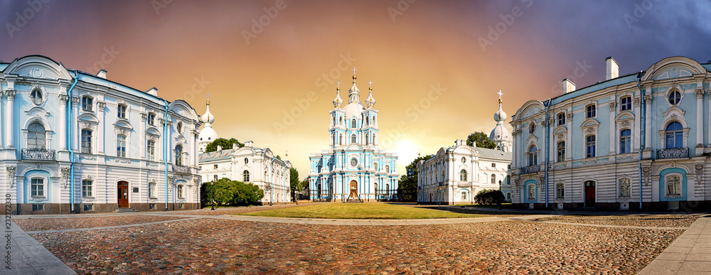 Panorama of Smolny cathedral at sunrise, Saint Petersburg - Russia