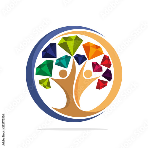 Illustration tree icon with the concept of togetherness of humans reaching for colorful gemstones