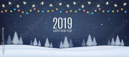 Winter night landscape with fir trees, coniferous snowy forest, falling snow and luminous garlands. Holiday winter forest Merry Christmas and Happy New Year.