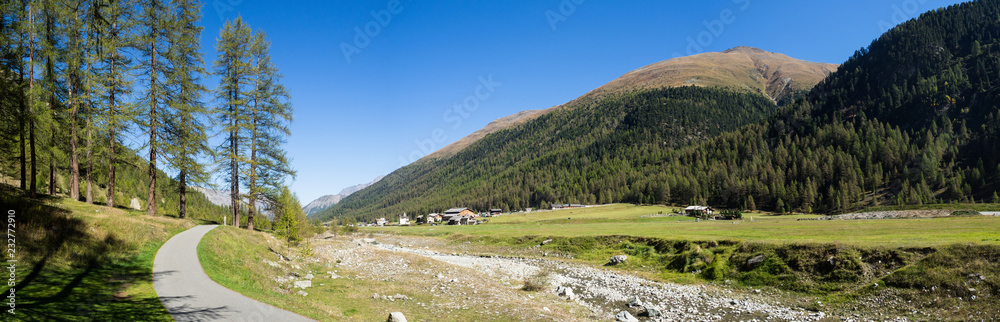 Summer panorama landscape of high mountain Livigno valley, near San Rocco, Lombardy, Italy