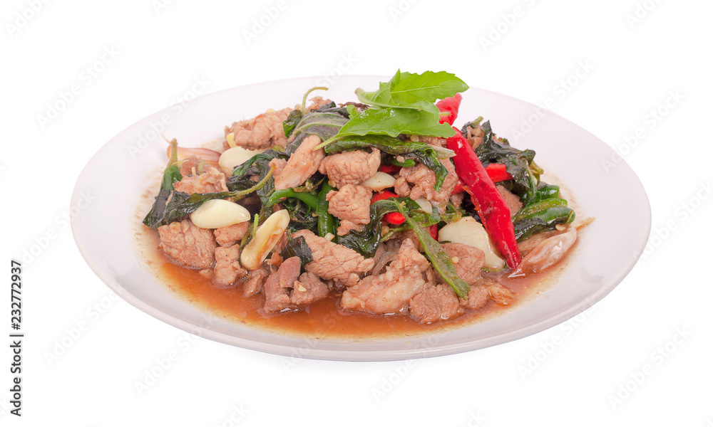 stir-fried with minced pork and basil on white plate (Ka Prao Moo)