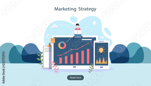 digital marketing strategy concept with tiny people character, table, graphic object on computer screen. online social media marketing modern flat design for landing page and mobile website template.