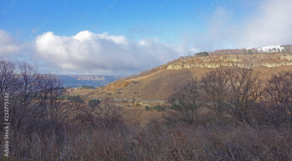 Panoramic view on the Northern foothills of Greater Caucasus in park of city Kislovodsk Russia