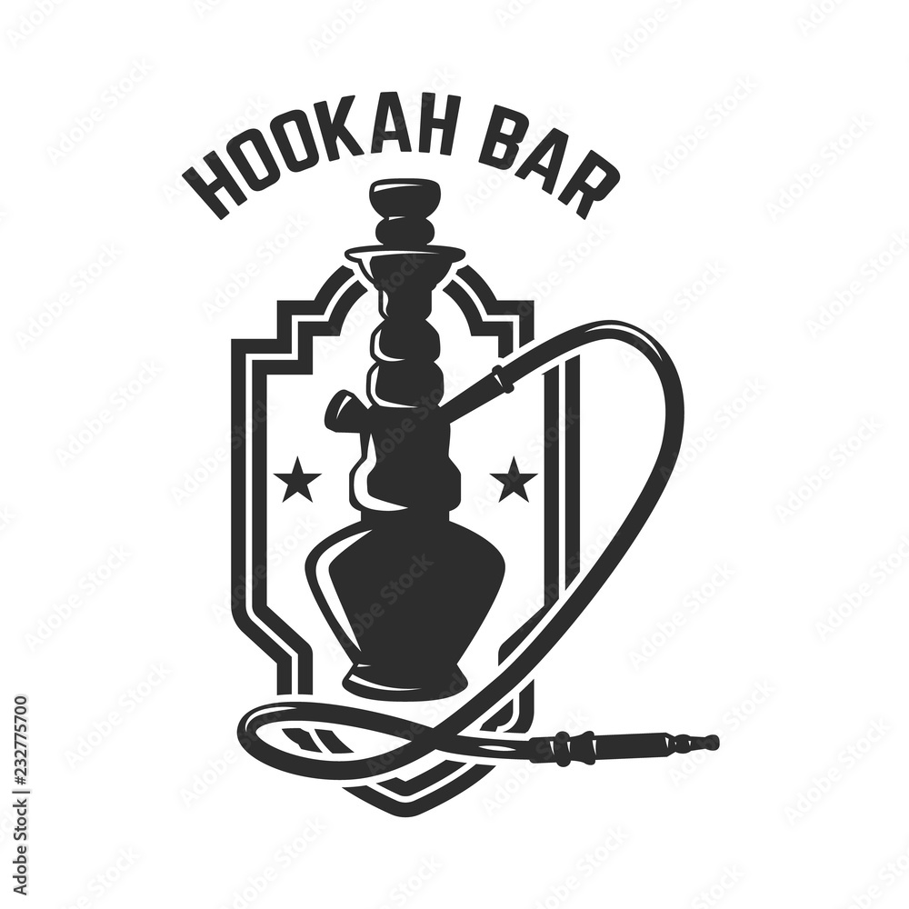 Hookah shop. Emblem template with hookah. Design element for logo, label, sign. Hookah shop. Emblem template with hookah. Design element for logo, label, sign.