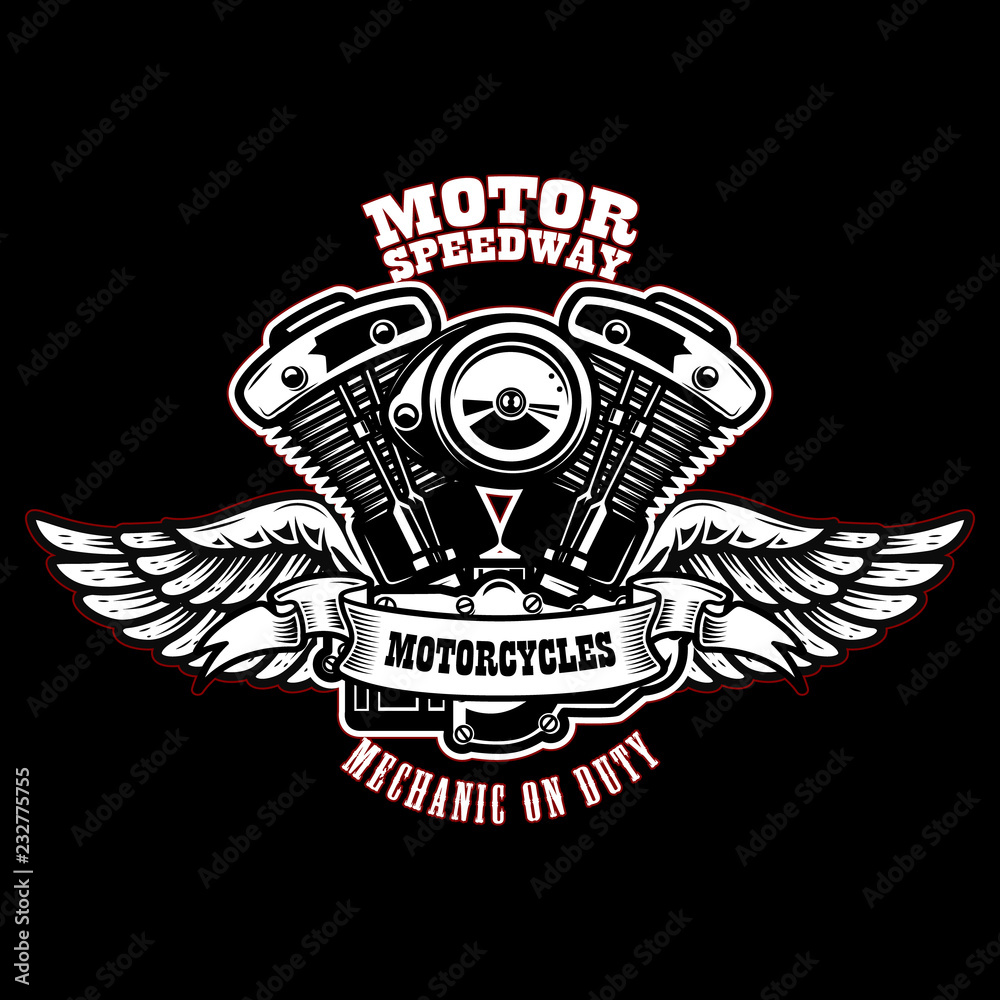 Emblem template with winged motorcycle motor. Design element for poster ...