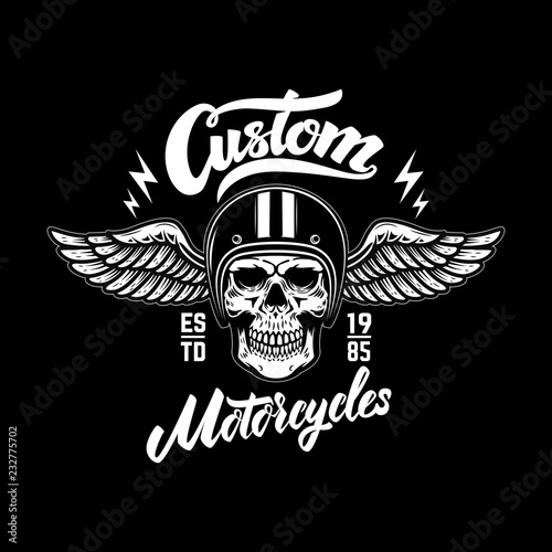 Custom motorcycles. Emblem template with skull in winged helmet. Design element for logo, label, sign, poster, t shirt.