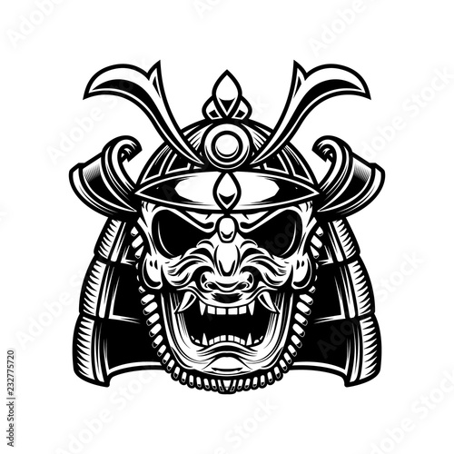 Japanese samurai mask and helmet. Design element for logo, label, emblem, sign, poster.