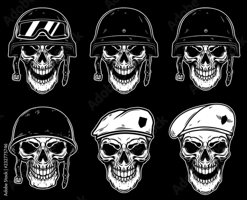 Set of soldier skull in battle helmet and paratrooper beret. Design element for logo, label, emblem, sign, poster, t shirt.