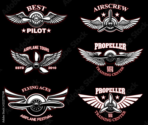Set of vintage airplane emblems. Design elements for logo, label, sign, menu.