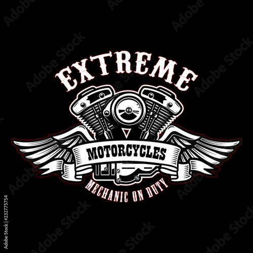 Emblem template with winged motorcycle motor. Design element for poster, logo, label, sign, t shirt.