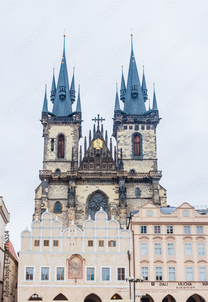 Tyn Church, the Catholic Church of Our Lady before Tyn. Gothic, neogothic style. Prague, Czech Republic