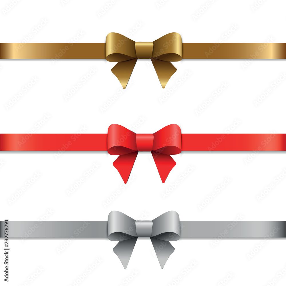 Set of decorative bows with ribbons. Red, gold, silver. Set of decorative bows with ribbons. Red, gold, silver.