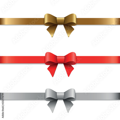 Set of decorative bows with ribbons. Red, gold, silver.