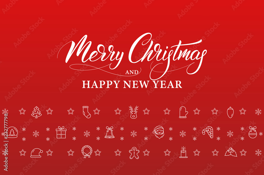 Merry Christmas and Happy New Year. Winter holiday banner with linear icons decorations and Xmas calligraphy.