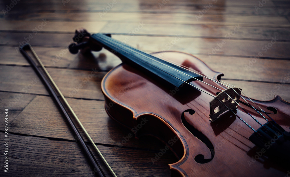 Violin and bow resting on the floor in shadow. Instrument and