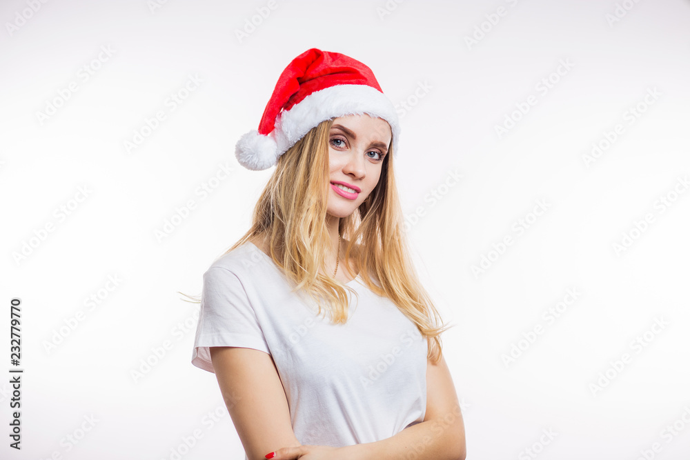 Beautiful smiling woman wear santa claus hat Beautiful smiling woman wear santa claus hat
