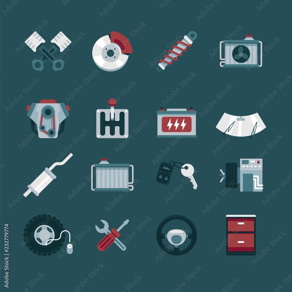 Simple set car service and repair garage icon. Contains such icons pistons, battery, car engine, brake discs and pads, gearbox, steering wheel, auto wheel, tire, radiator, muffler, keys, screwdriver. Simple set car service and repair garage icon. Contains such icons pistons, battery, car engine, brake discs and pads, gearbox, steering wheel, auto wheel, tire, radiator, muffler, keys, screwdriver.