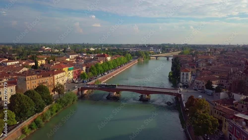 Verona Italy Skyline Aerial view from sky, video in 4K, Italy. Aerial view of verona city center flying forwards at dawn Verona Italy Skyline Aerial view from sky, video in 4K, Italy. Aerial view of verona city center flying forwards at dawn
