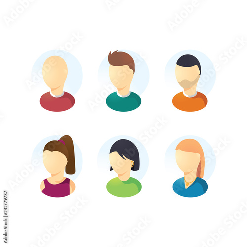 Male and female faces user avatars isolated on white background. Set empty faces and heade for mobile app and social network in internet or computer program.