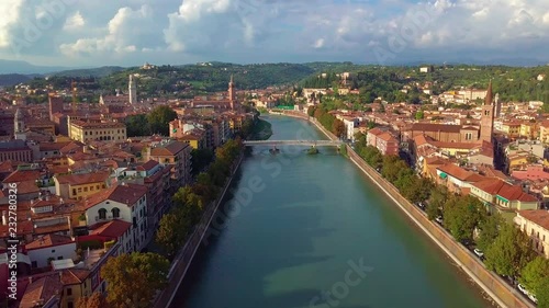 Verony Italy Skyline aerial footage in 4K. View of riva and Bridge in Verona City. Left side Old town in Verona. photo