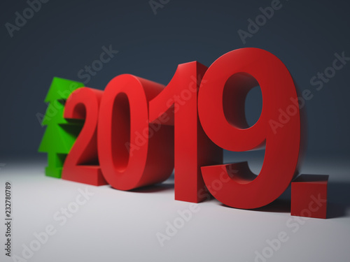 2019 figures with the symbol of the Christmas tree 3D illustration for holiday cards or posters photo