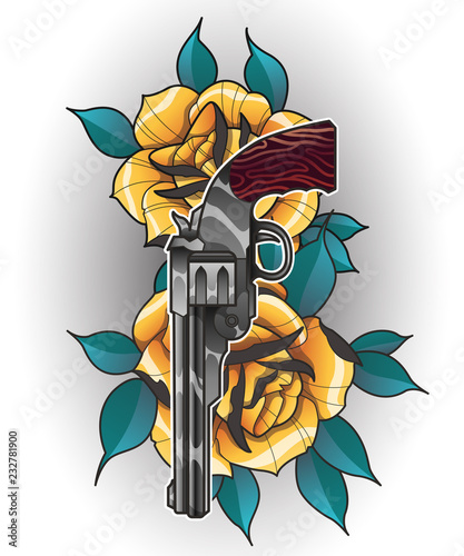 Illustration of a rose and gun tattoo