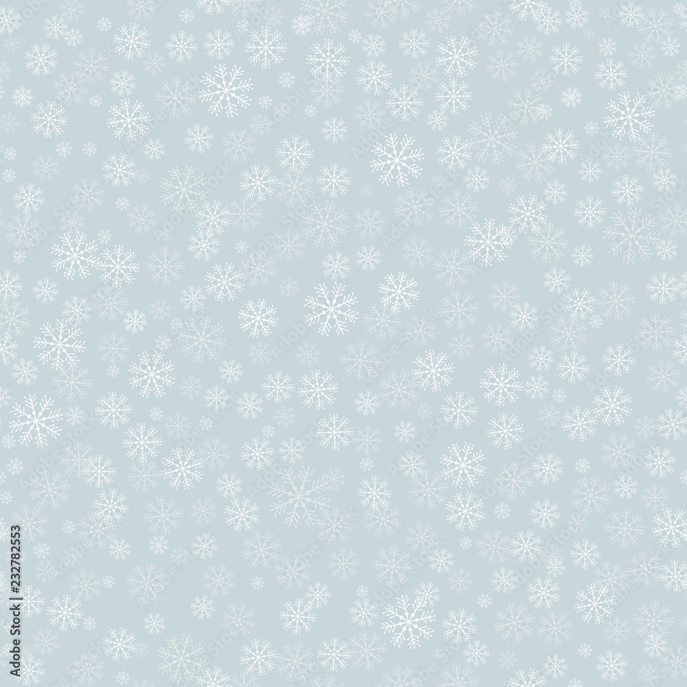 Lovely Bright Snowflakes Vector Pattern. Delicate Light Blue Background. White Snow.  Cute Simple Winter Sky. Falling Flakes. Confetti of Snowflake Shape.