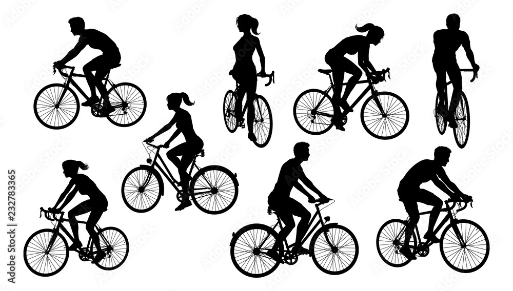 Fototapeta premium A set of bicycle cyclists riding their bikes in silhouette 
