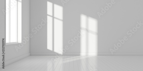 Stimulate image of white empty room interior and laminate wood floor with sun light cast shadow on the wall Perspective of minimal design architecture. 3D rendering