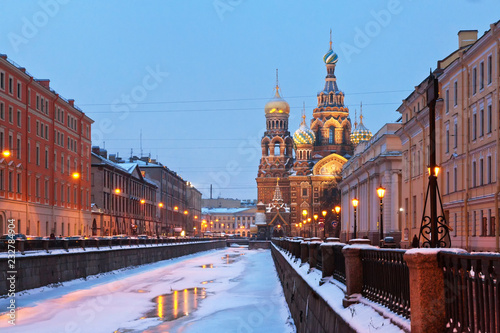 Saint Petersburg. View of the Church of the Savior on Spilled Blood (Spas na Krovi) from the embankment of the Griboyedov canal on a winter morning. Christmas holidays photo