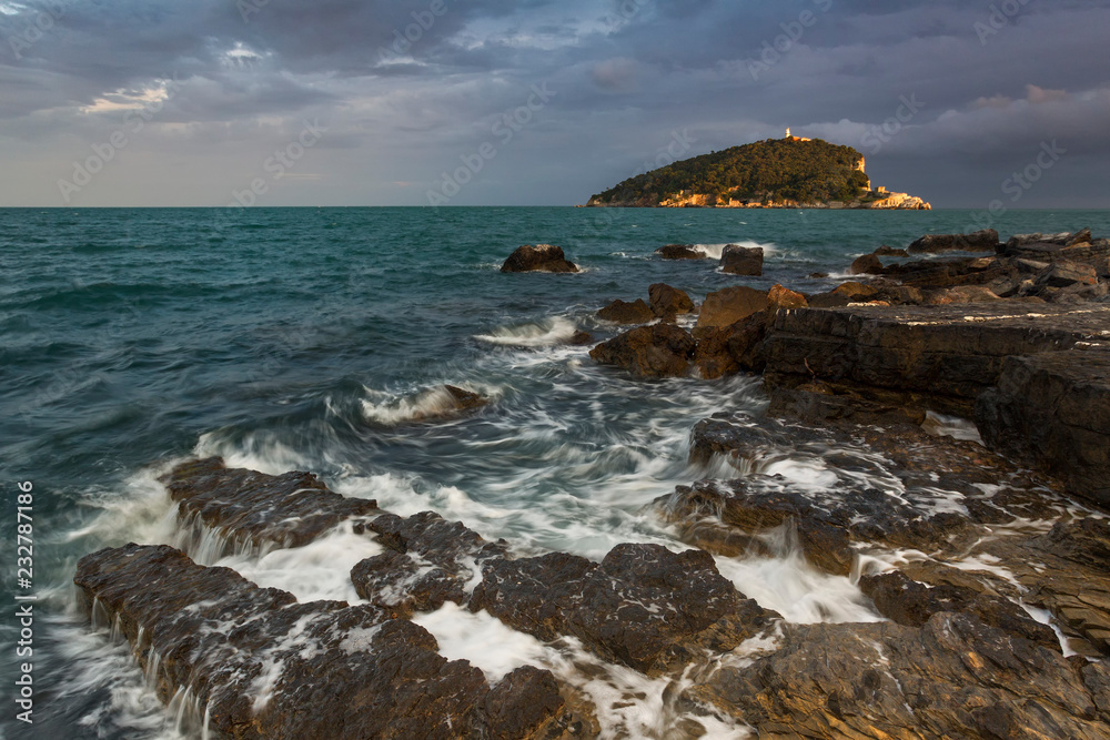Summer sunset at Tino Island, municipality of Porto Venere, La Spezia province, Liguria, Italy, Europe Summer sunset at Tino Island, municipality of Porto Venere, La Spezia province, Liguria, Italy, Europe