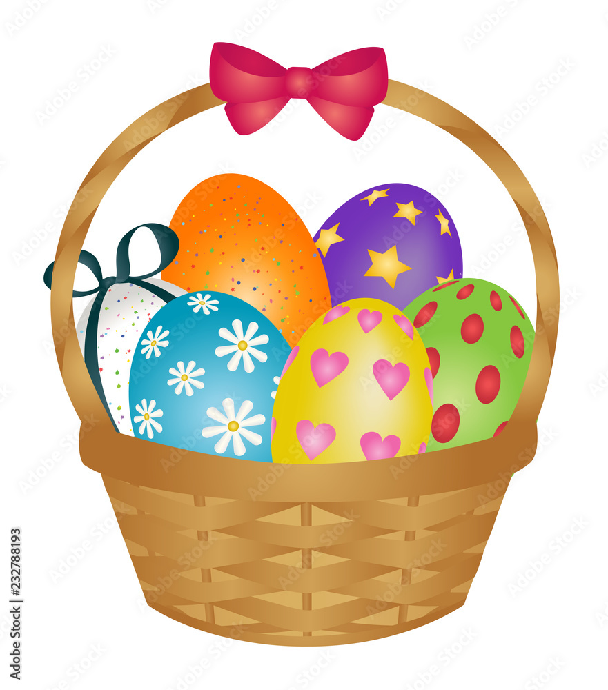 Basket of painted easter eggs with ribbon bow Basket of painted easter eggs with ribbon bow