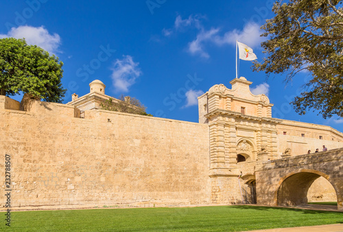 Mdina, Malta. The picturesque gate of the fortress and the bridge
