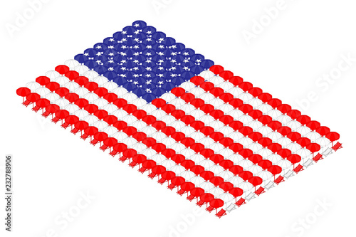 Isometric beach or deck chair with umbrella in row, United States national flag shape concept design illustration isolated on white background, Editable stroke
