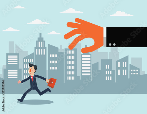 Big hand catching businessman in the city street. Professional relations